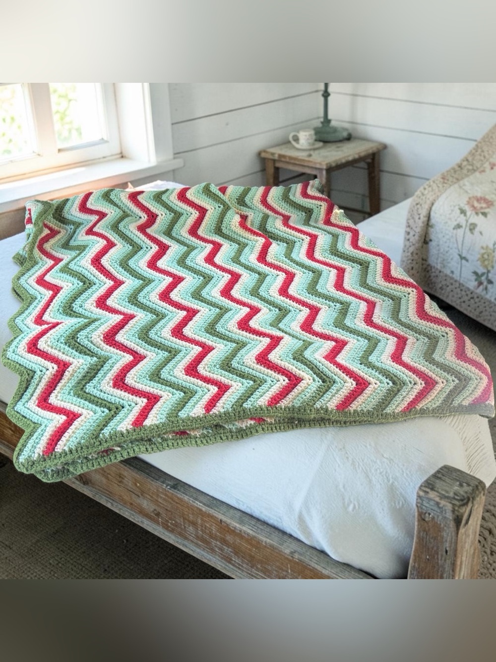 Vintage Hand Crocheted Chevron Afghan Blanket | Large 83” x 72”